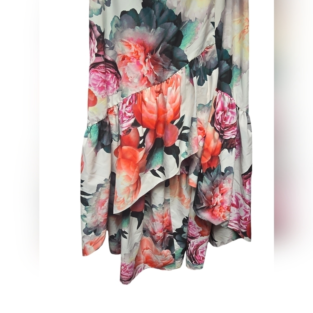 ELIZA J Cream Pink Floral Print Ruffle High Low Taffeta Skirt Sz. 8 NWT - Picture 5 of 11